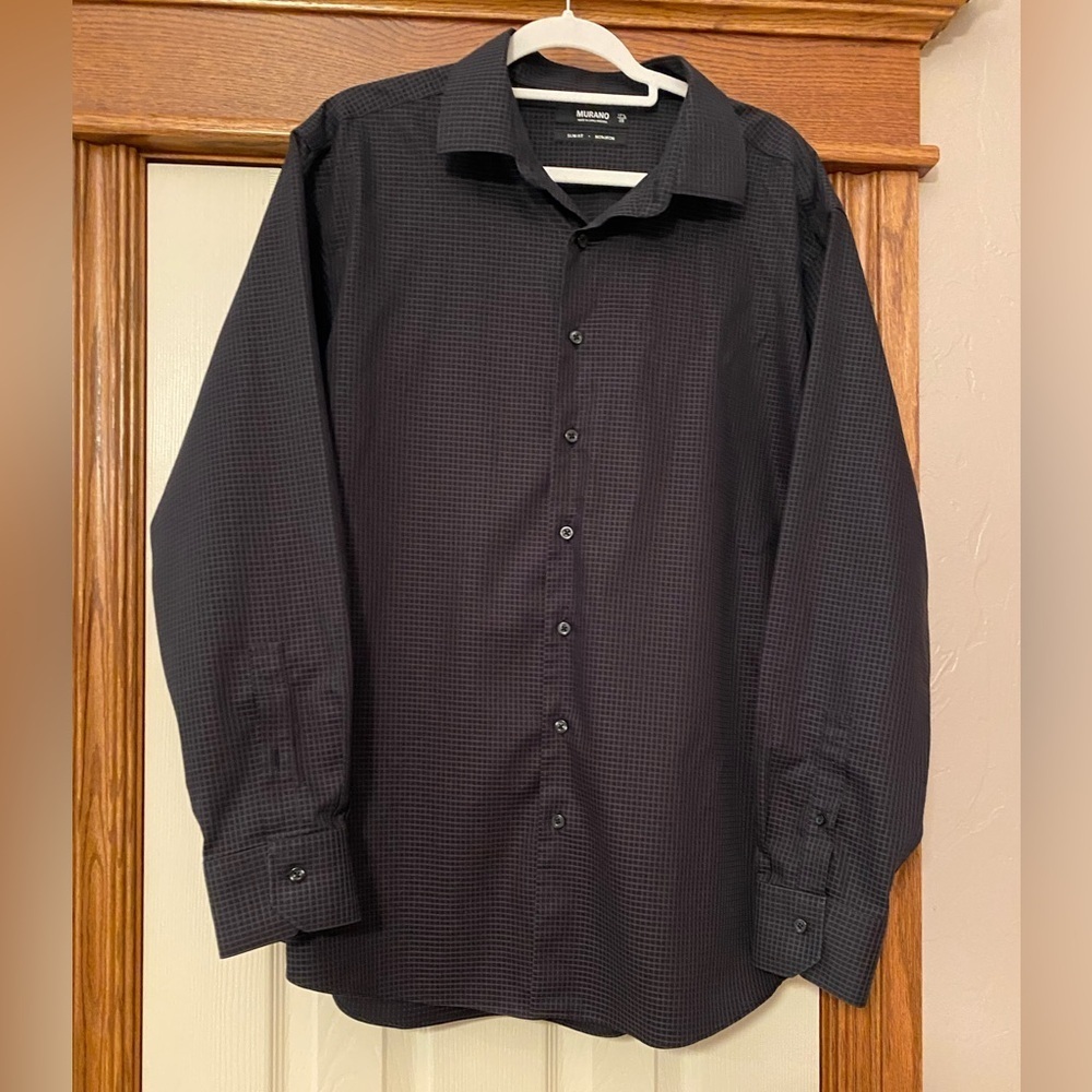 Murano Mens Slim Fit LS Shirt Non Iron Sz 17.5 35” Black Gray Check